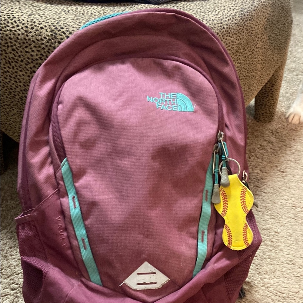 The North Face Maroon Backpack with Teal Details